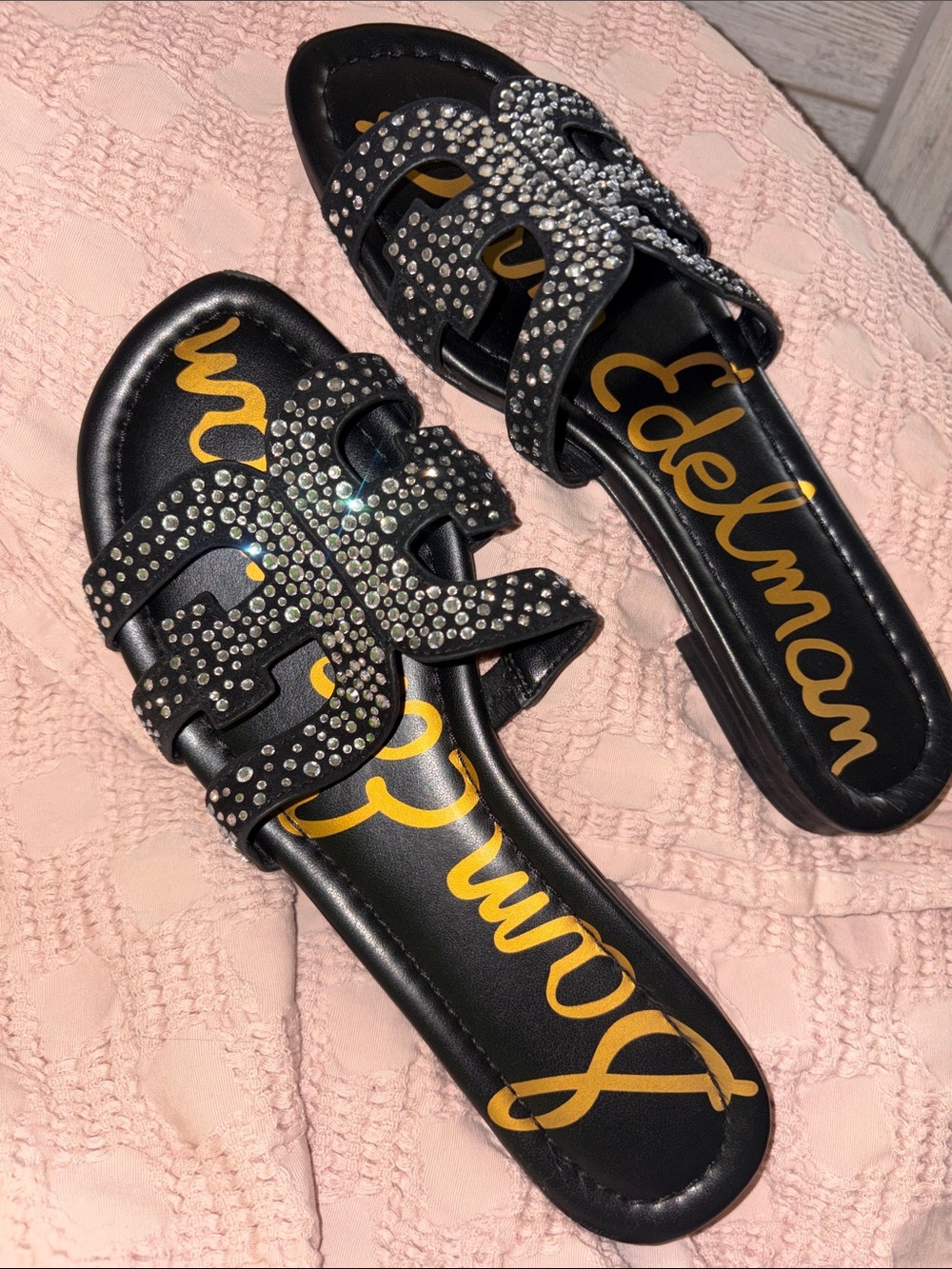 Sam Edelman Black Crystal-Embellished Slide Sandals Bay Gem size 7